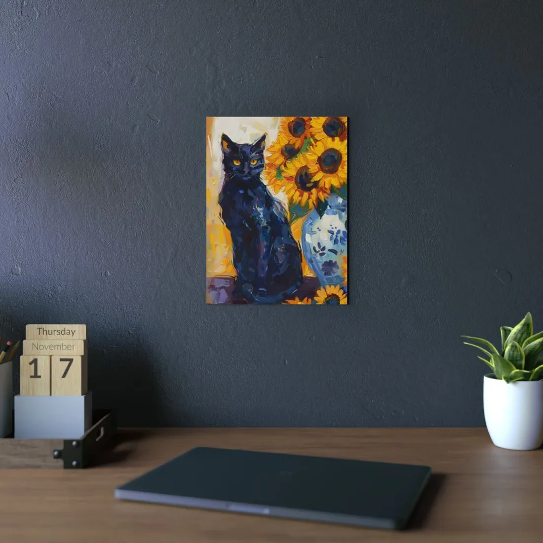 Whiskers by Sunshine: Black Cat in a Blooming Garden - Metal Poster