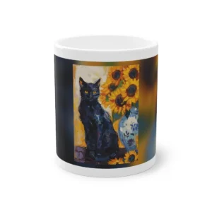 Black Cat Beside Sunflower Vase Mug
