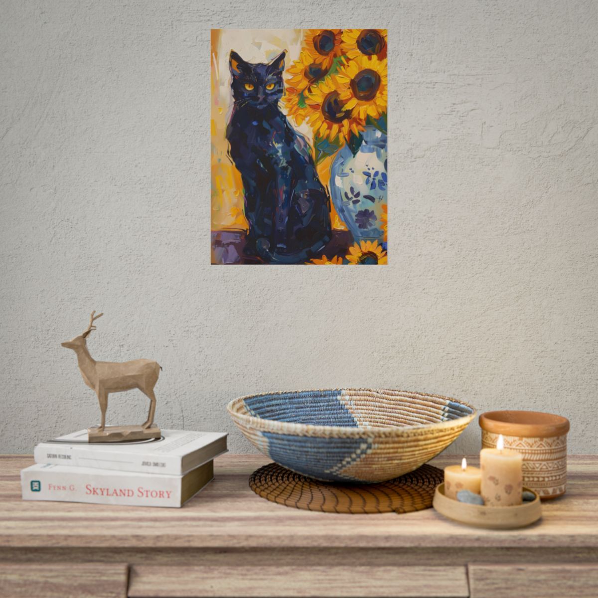 Whiskers by Sunshine: Black Cat in a Blooming Garden - Poster