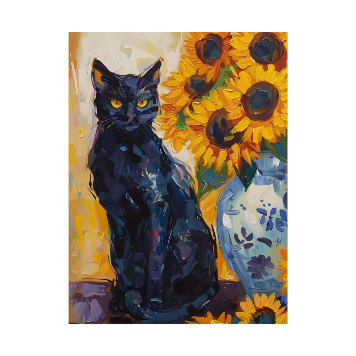 Whiskers by Sunshine: Black Cat in a Blooming Garden - Poster