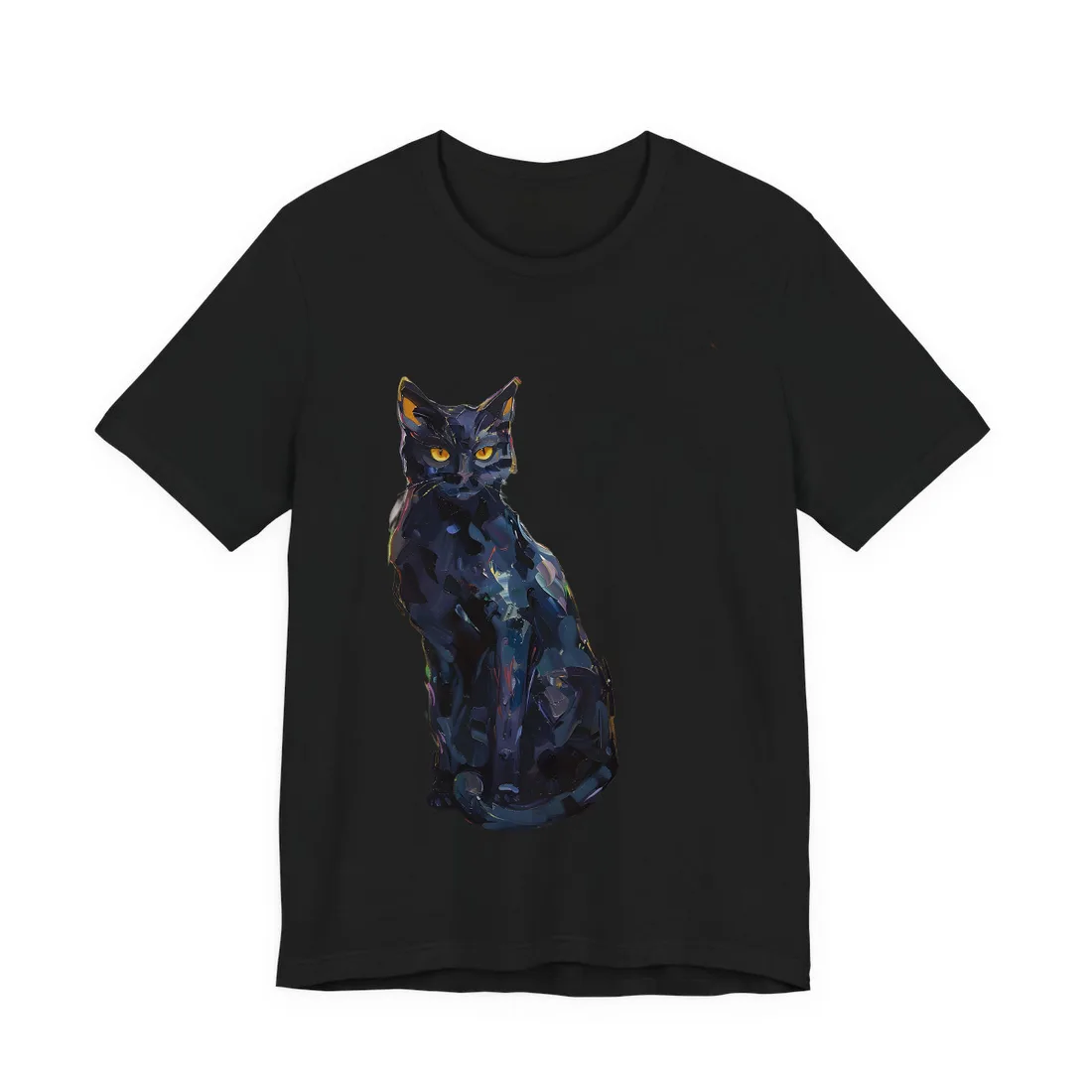 Whiskers by Sunshine: Black Cat in a Blooming Garden - T-Shirt (Black)
