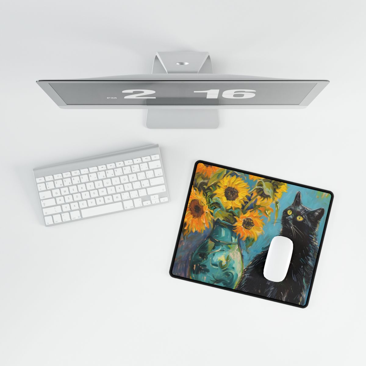 Whispers in the Garden: A Black Cat Among Sunflowers - Desk Mat