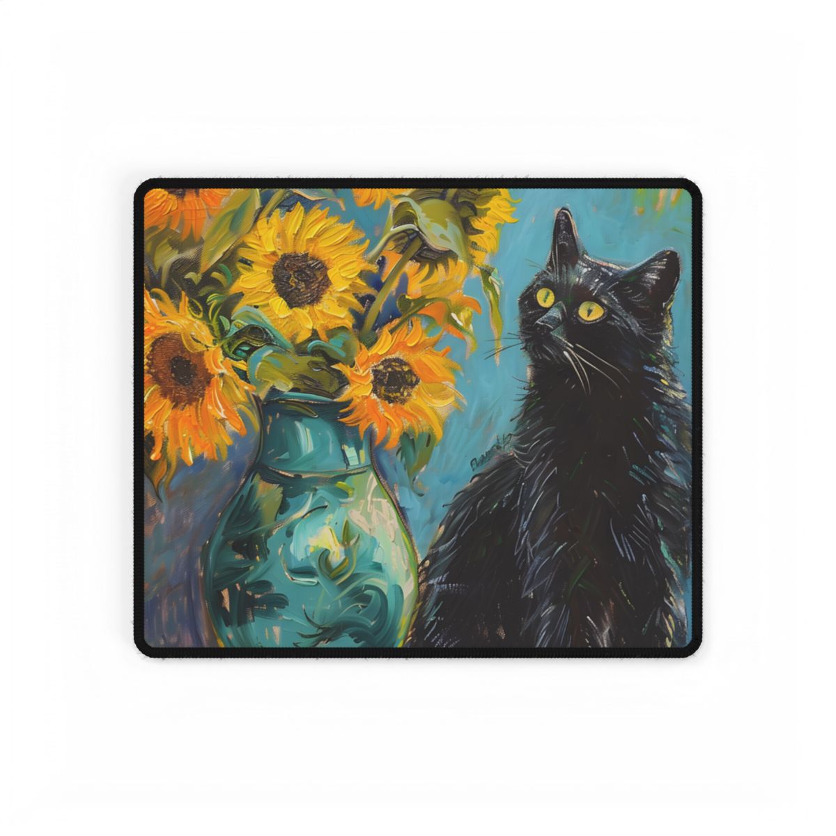 Whispers in the Garden: A Black Cat Among Sunflowers - Desk Mat