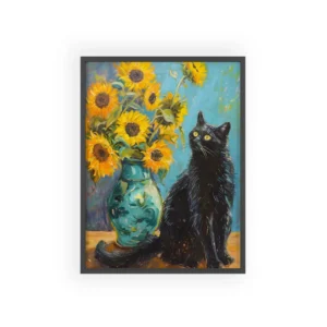 Sunflowers and Black Cat Framed Poster