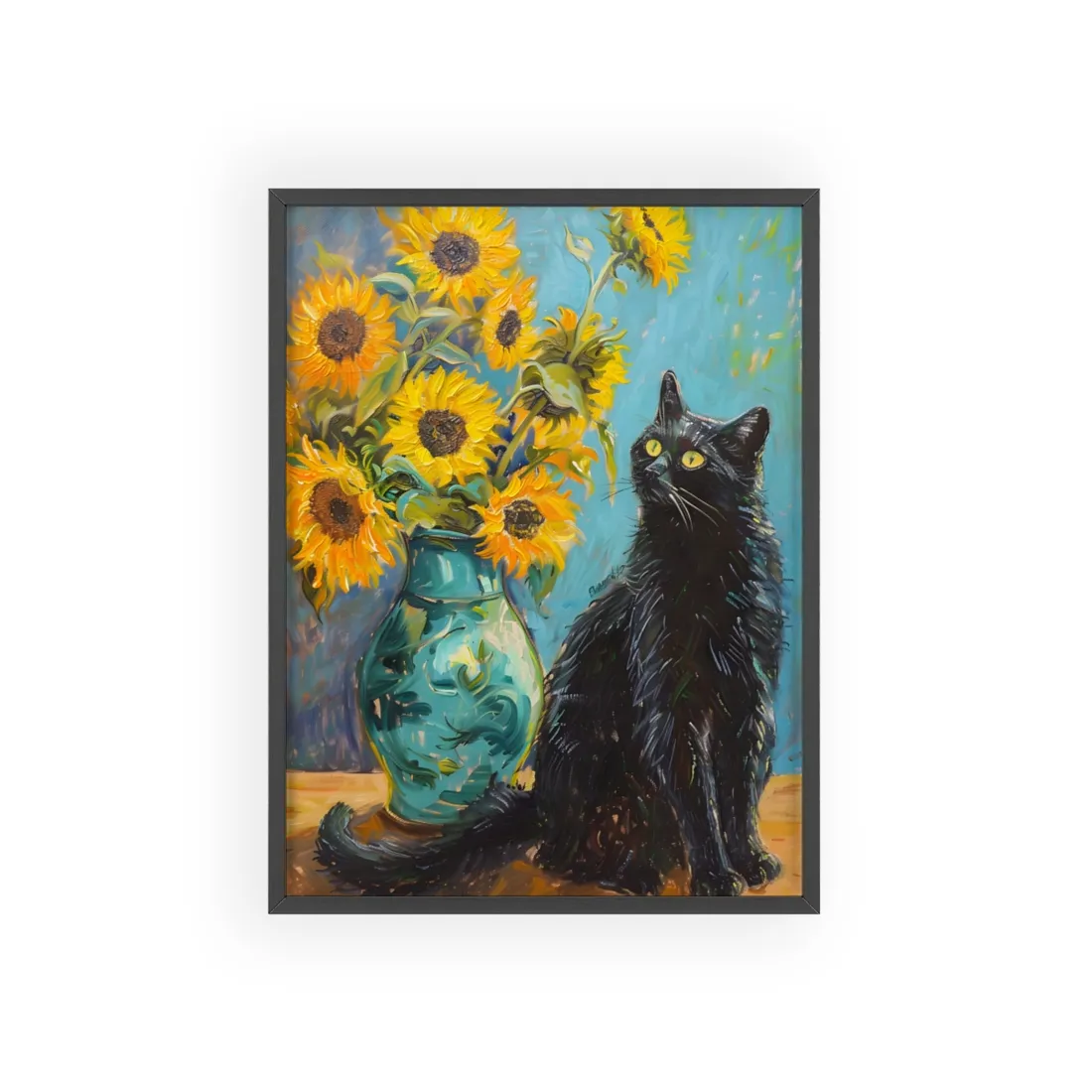 Whispers in the Garden: A Black Cat Among Sunflowers - Framed Poster