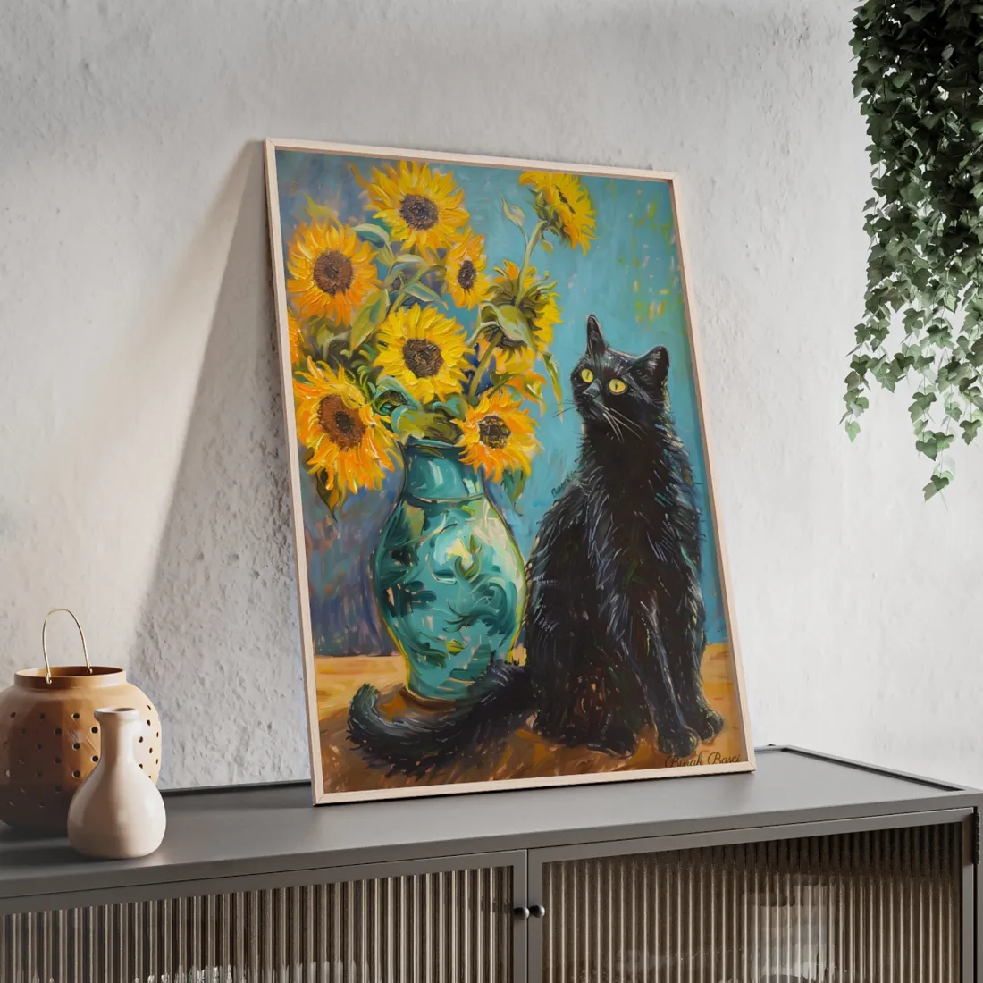 Whispers in the Garden: A Black Cat Among Sunflowers - Framed Poster