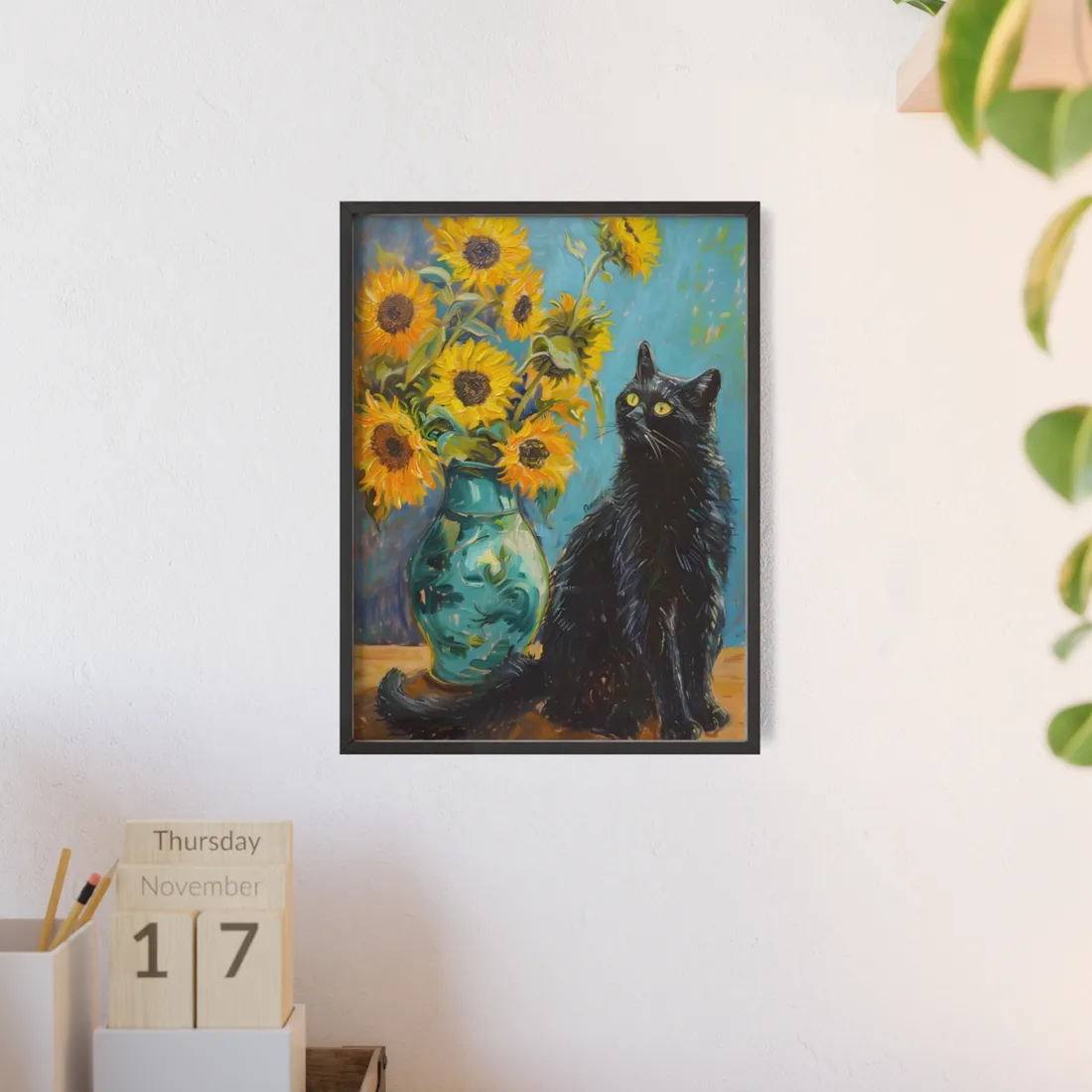 Whispers in the Garden: A Black Cat Among Sunflowers - Framed Poster
