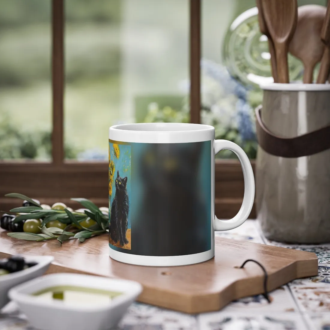 Whispers in the Garden: A Black Cat Among Sunflowers - Mug