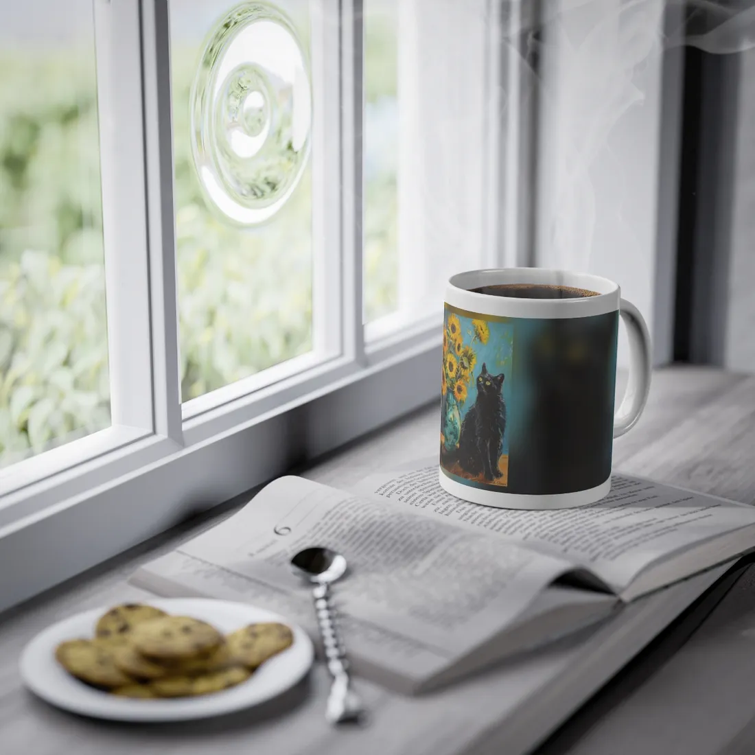 Whispers in the Garden: A Black Cat Among Sunflowers - Mug