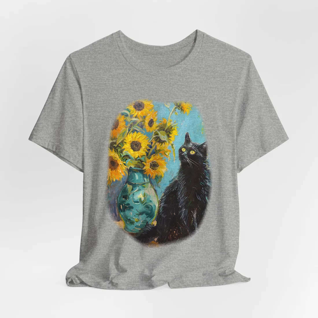Whispers in the Garden: A Black Cat Among Sunflowers - T-Shirt (Athletic Heather)