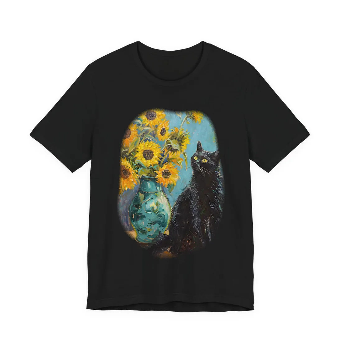 Whispers in the Garden: A Black Cat Among Sunflowers - T-Shirt (Black)