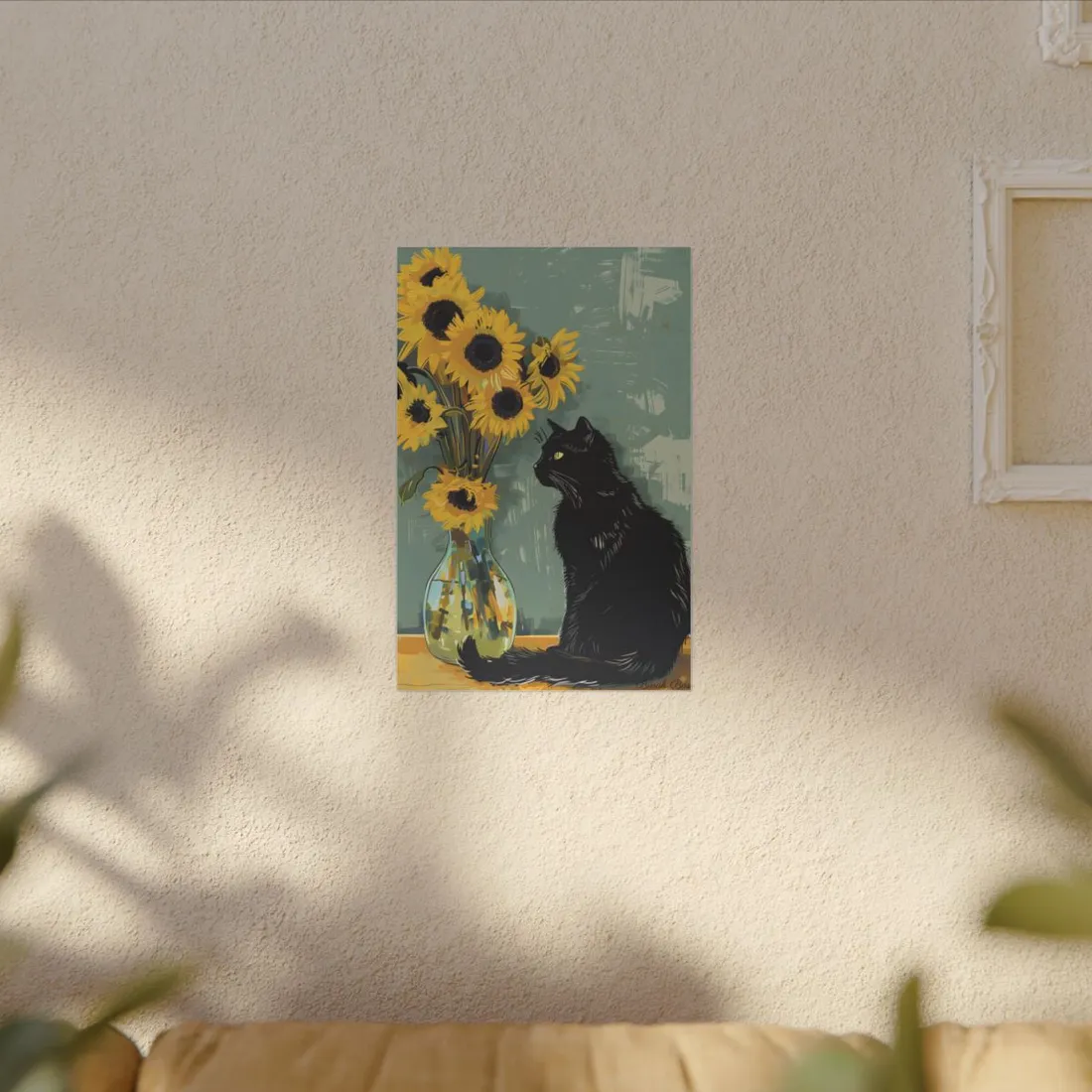 Whispers in the Sun: A Black Cat's Serene Moment with Sunflowers - Canvas