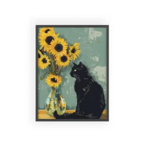 Black Cat and Sunflowers Framed Poster
