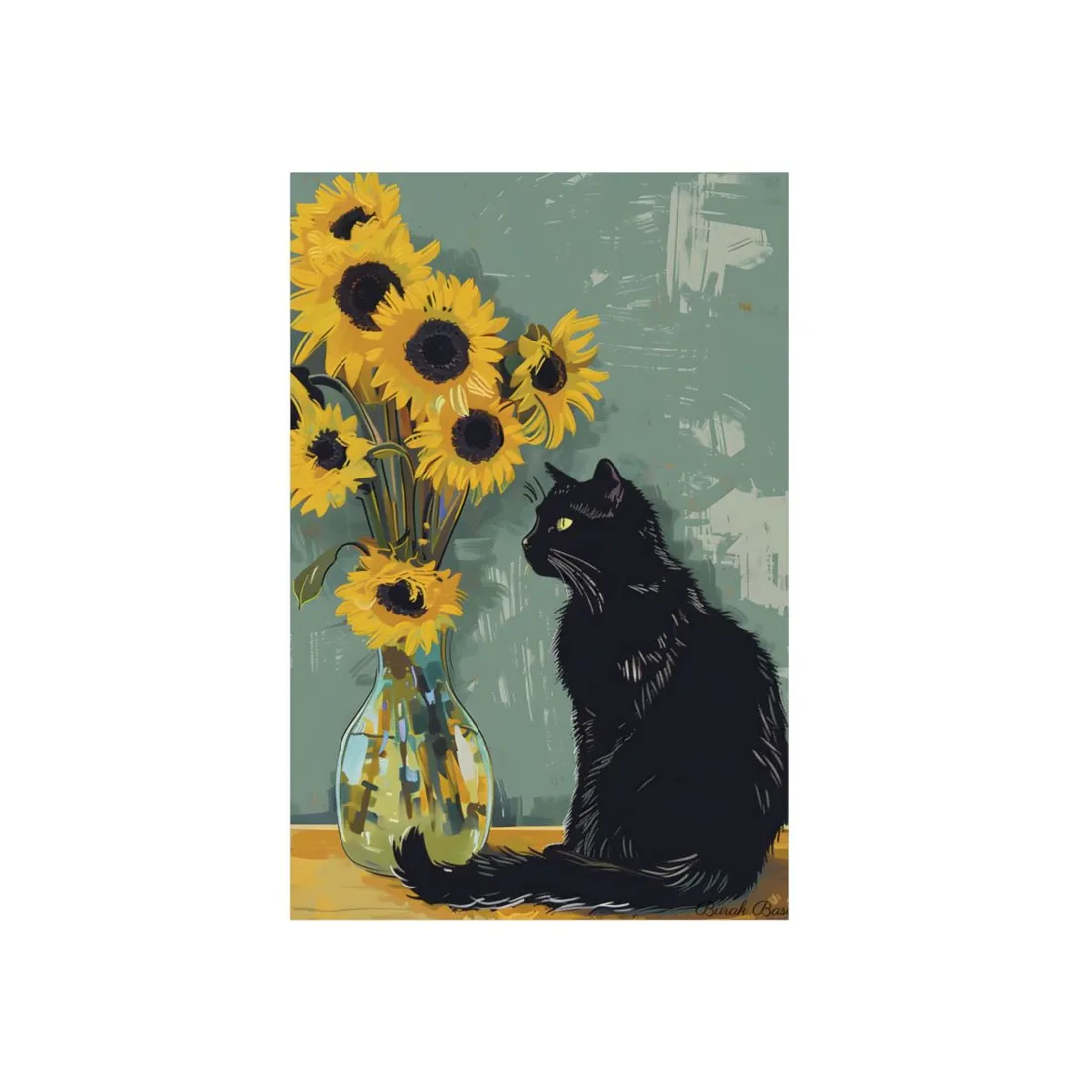 Whispers in the Sun: A Black Cat's Serene Moment with Sunflowers - Metal Poster