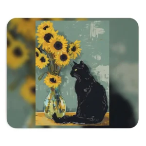 Black Cat and Sunflowers Mouse Pad