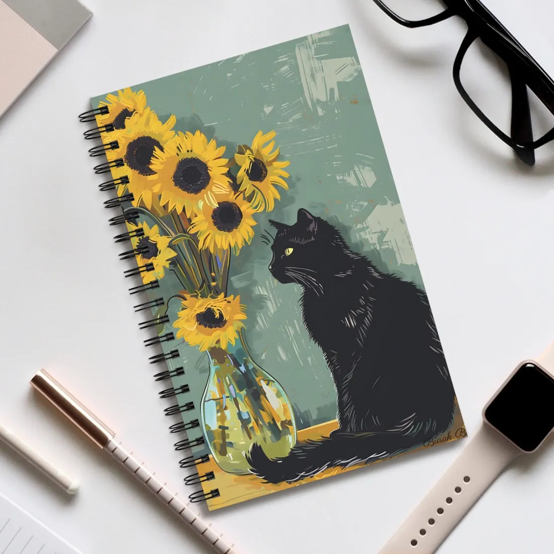 Whispers in the Sun: A Black Cat's Serene Moment with Sunflowers - Spiral Notebook