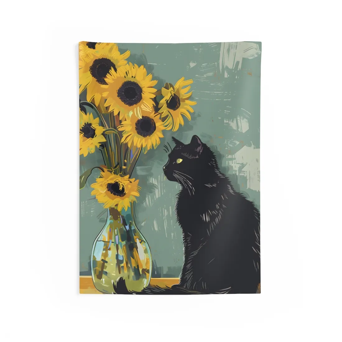 Whispers in the Sun: A Black Cat's Serene Moment with Sunflowers - Wall Tapestry