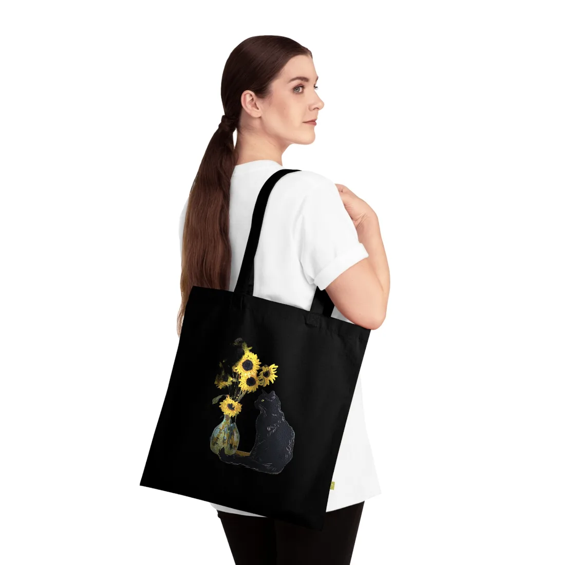 Whispers in the Sun: A Black Cat's Serene Moment with Sunflowers - Tote Bag (Black)
