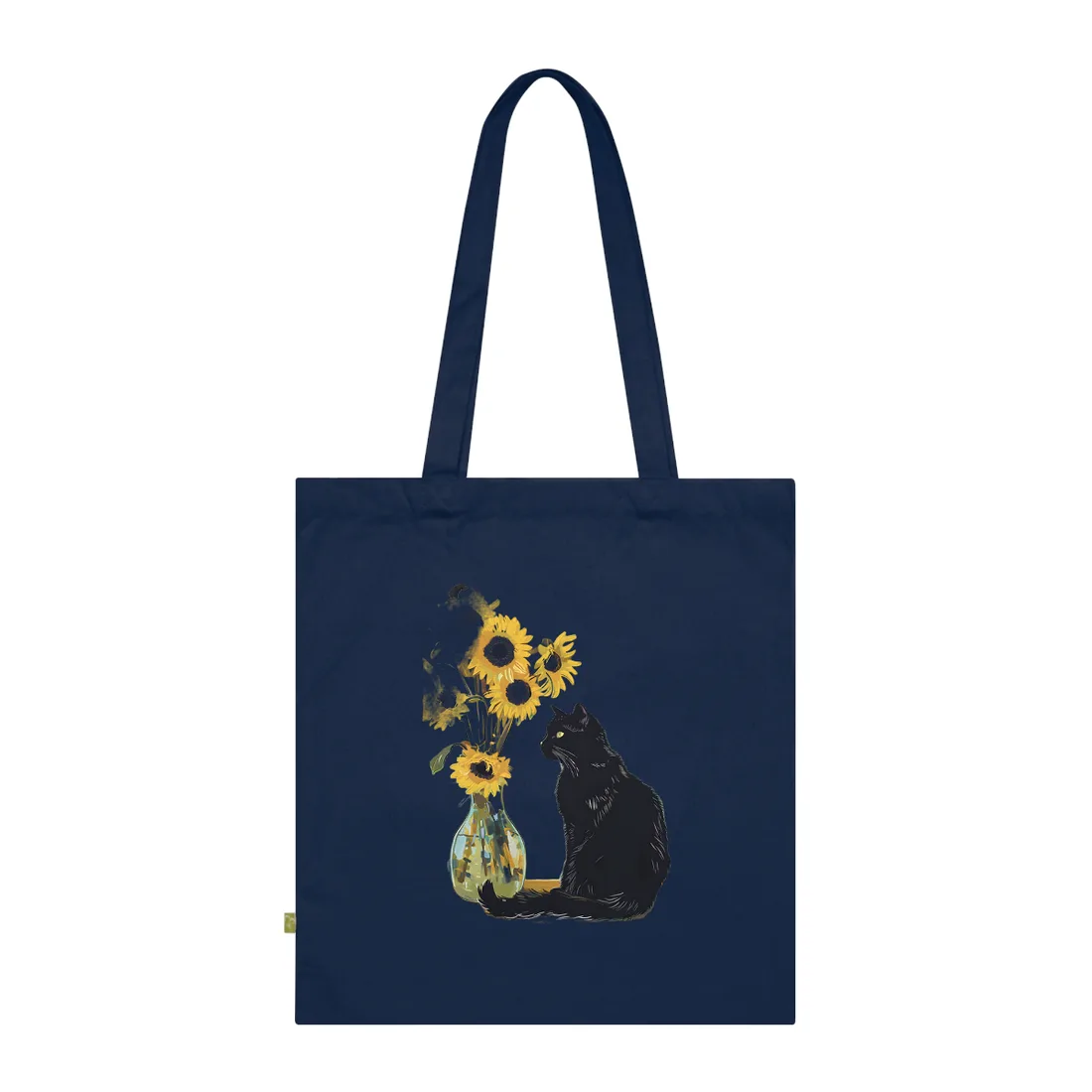 Whispers in the Sun: A Black Cat's Serene Moment with Sunflowers - Tote Bag (French Navy)