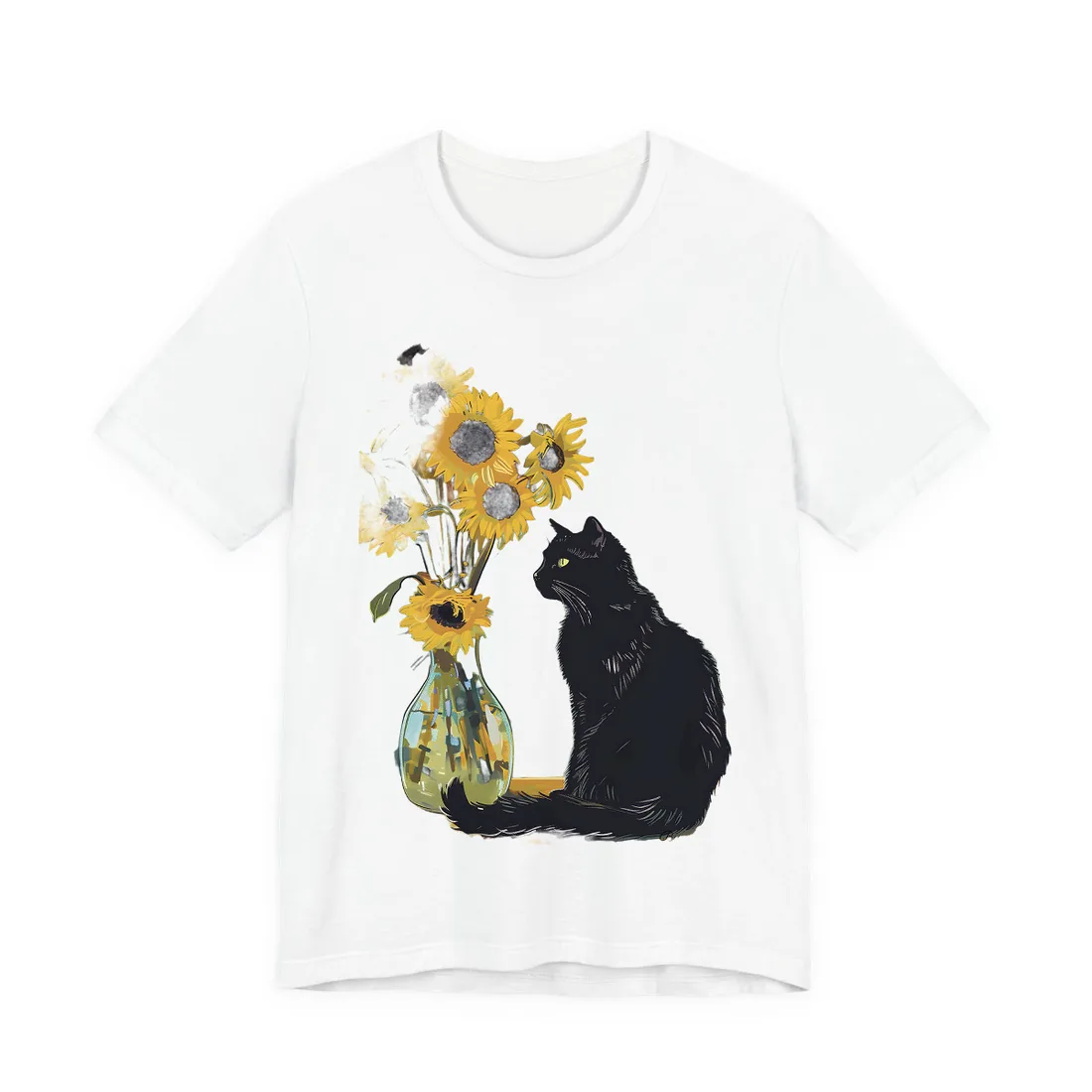 Whispers in the Sun: A Black Cat's Serene Moment with Sunflowers - T-Shirt (White)