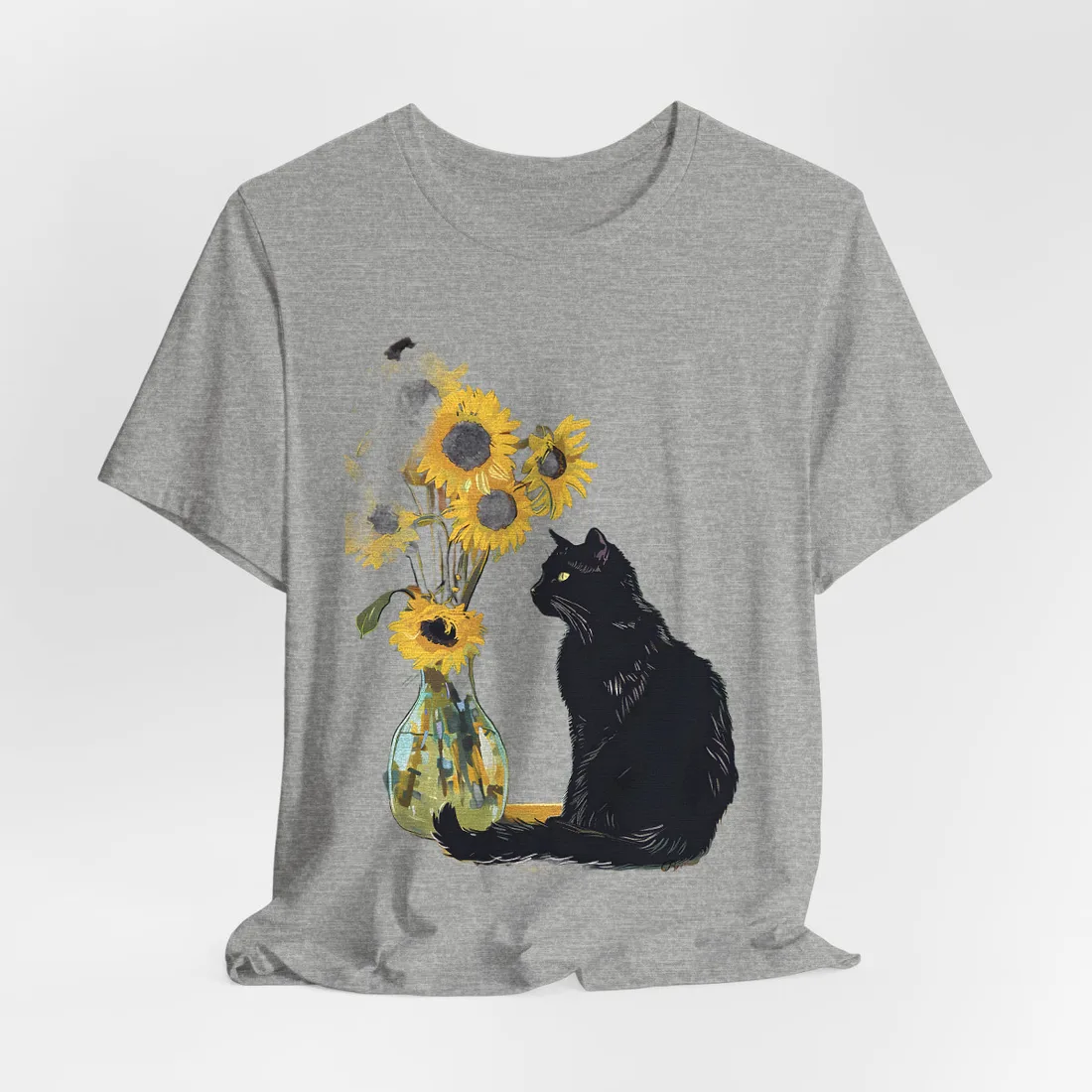 Whispers in the Sun: A Black Cat's Serene Moment with Sunflowers - T-Shirt (Athletic Heather)