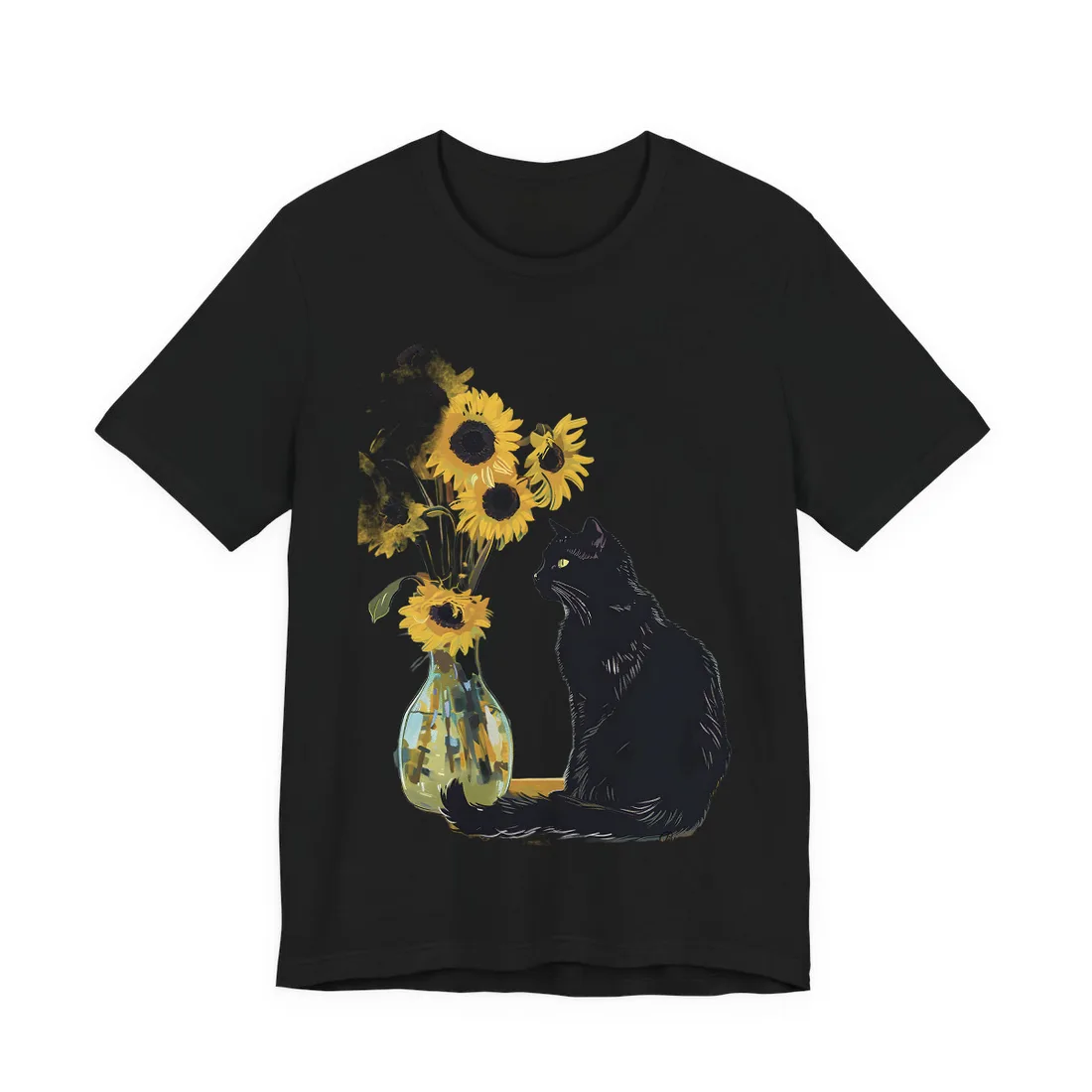 Whispers in the Sun: A Black Cat's Serene Moment with Sunflowers - T-Shirt (Black)