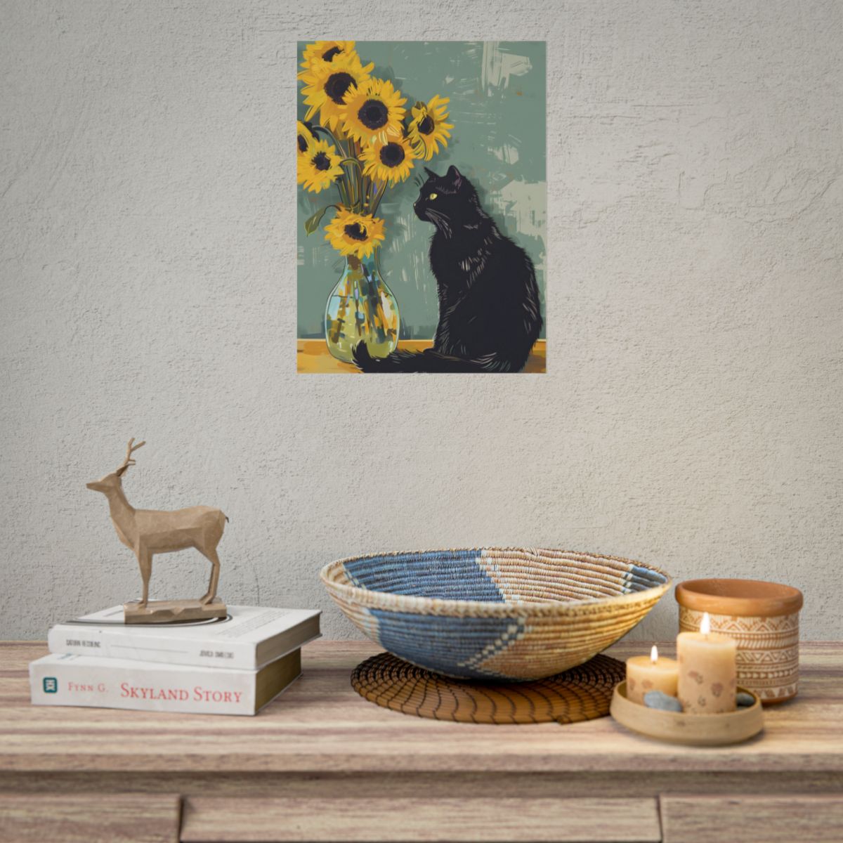Whispers in the Sun: A Black Cat's Serene Moment with Sunflowers - Poster