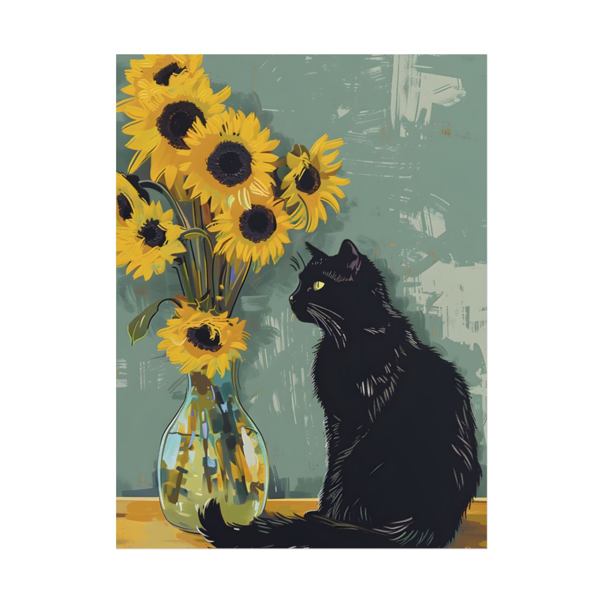 Whispers in the Sun: A Black Cat's Serene Moment with Sunflowers - Poster
