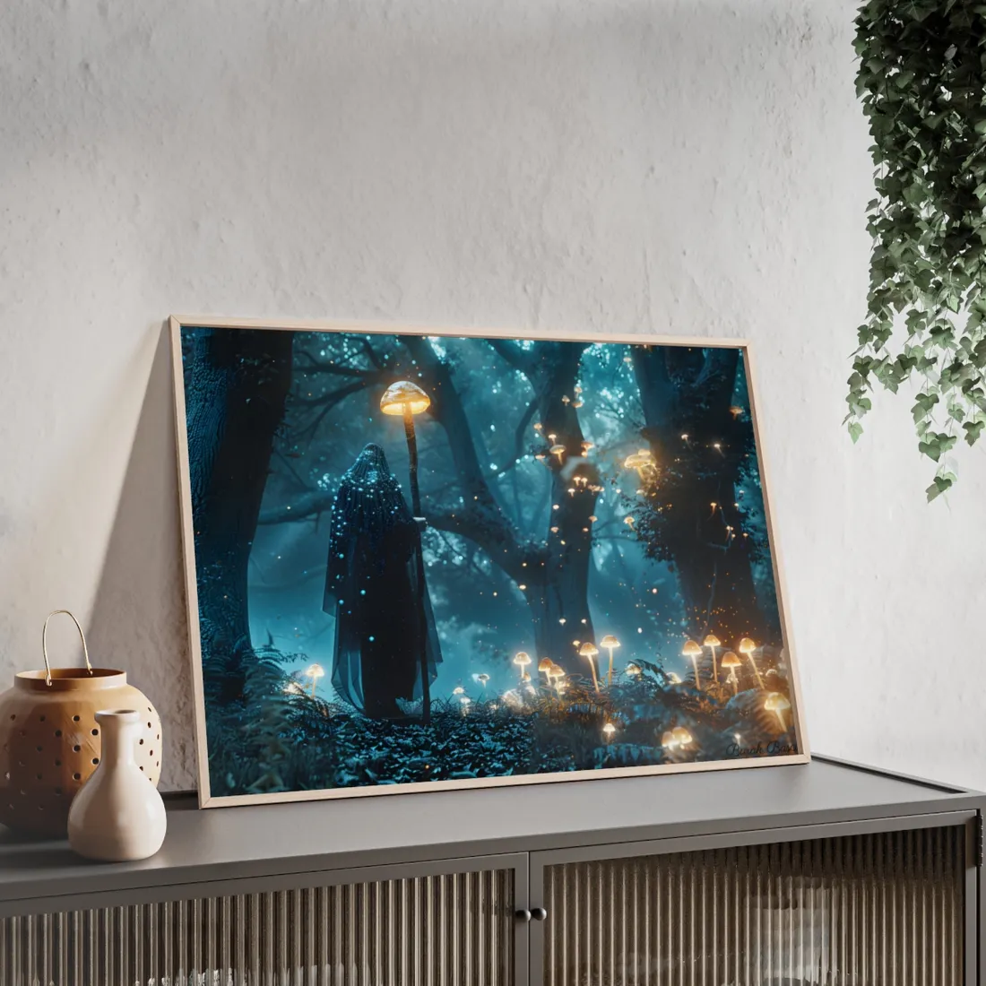 Whispers of Ancient Magic in a Moonlit Mystical Forest - Framed Poster