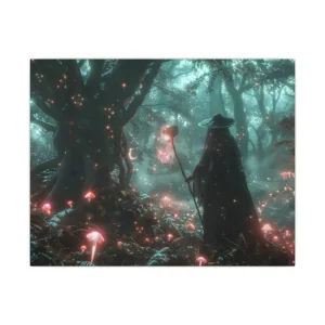 Cloaked Figure in Glowing Forest Canvas Print