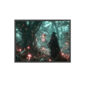 Cloaked Figure in Glowing Forest Framed Poster