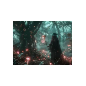 Cloaked Figure in Glowing Forest Metal Poster