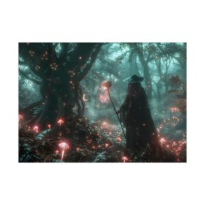 Cloaked Figure in Glowing Forest Poster