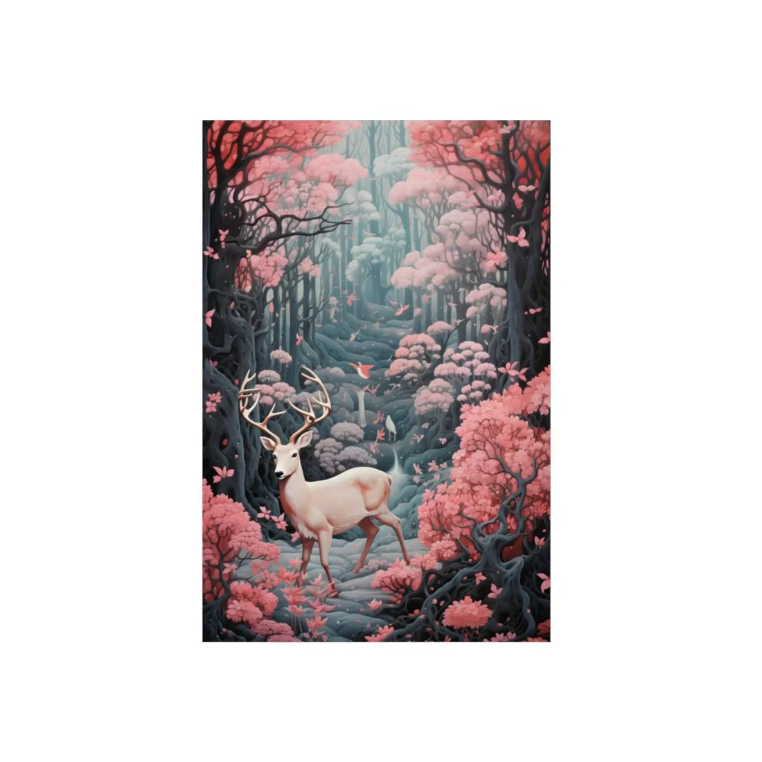 White Deer in Blossoming Forest: Enchanted Nature Art - Metal Poster