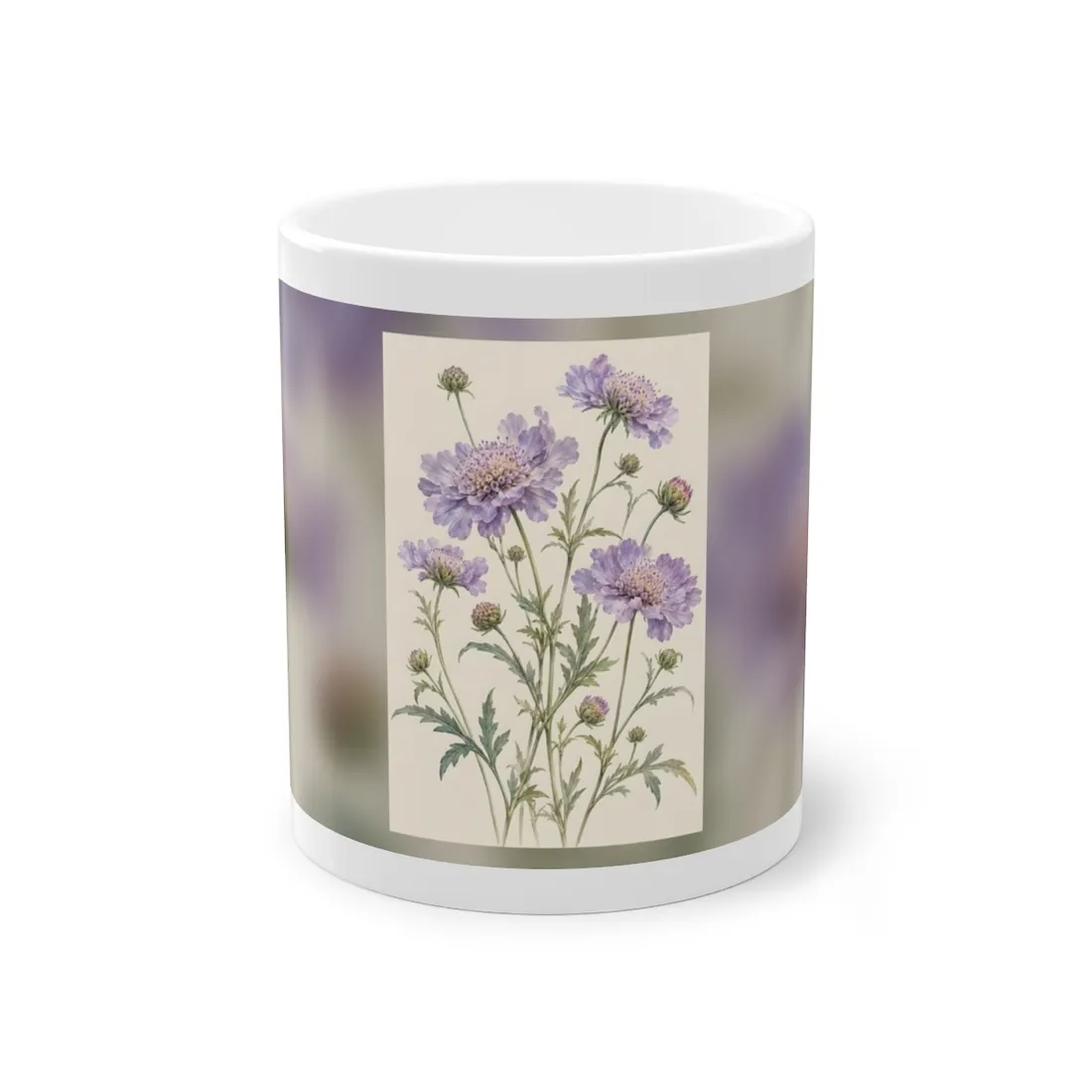 Watercolor botanical painting of lavender scabious flowers, buds, and grey-green leaves on a cream background – Mug, view 1