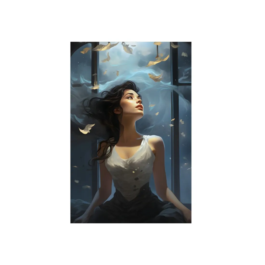Windswept Dream: Woman with Flowing Hair by the Window - Metal Poster