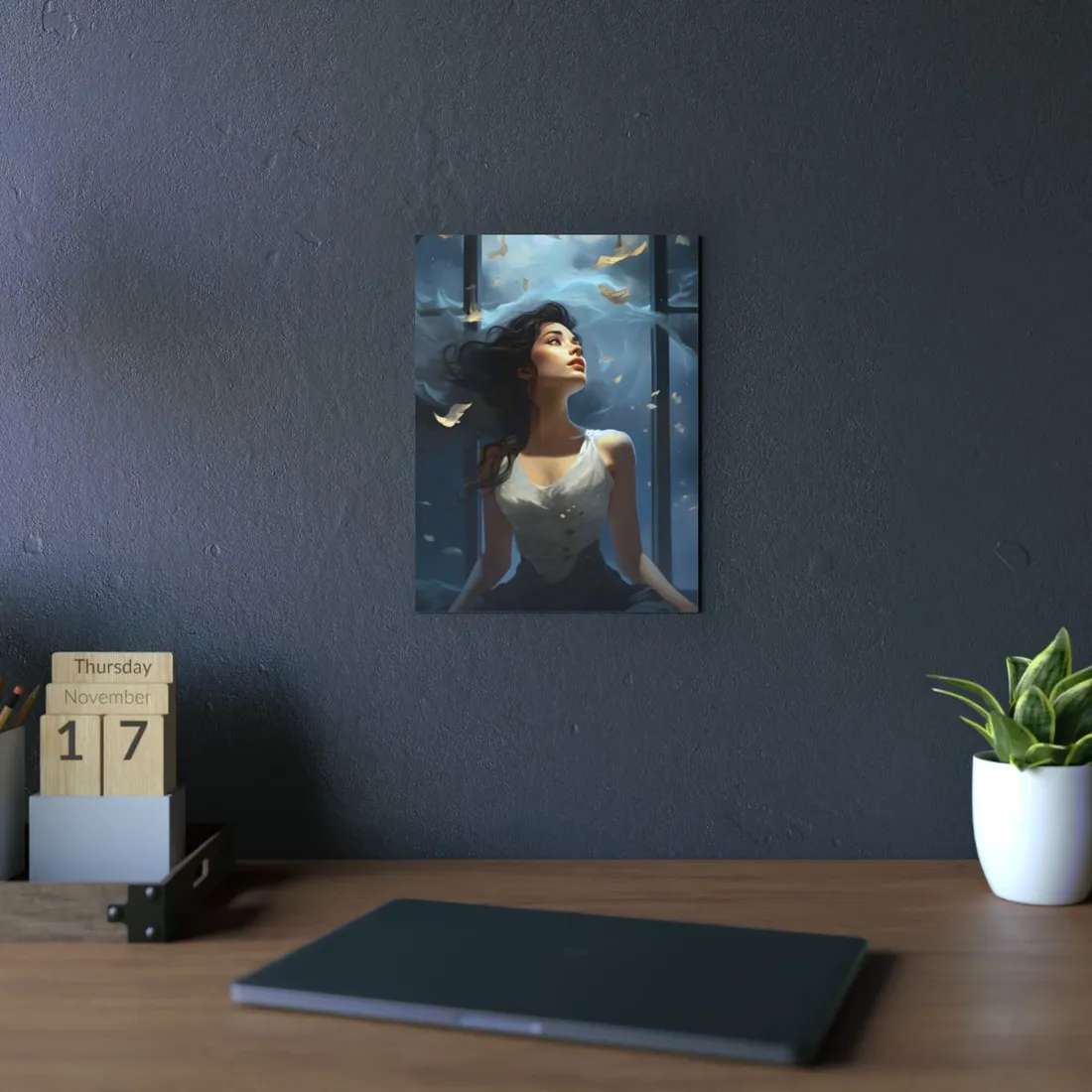 Windswept Dream: Woman with Flowing Hair by the Window - Metal Poster