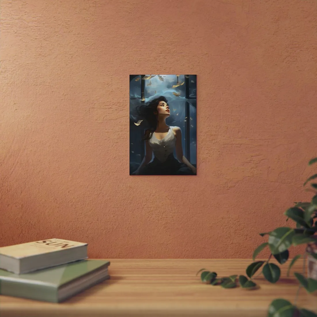 Windswept Dream: Woman with Flowing Hair by the Window - Metal Poster