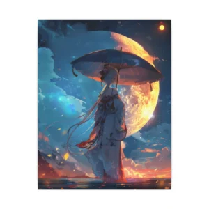 Woman with Parasol Under Moon Canvas Print