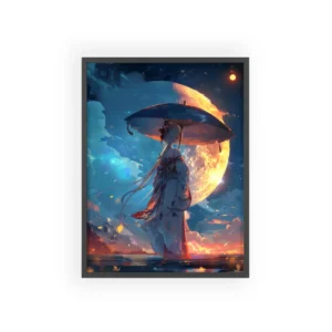 Woman with Parasol Under Moon Framed Poster