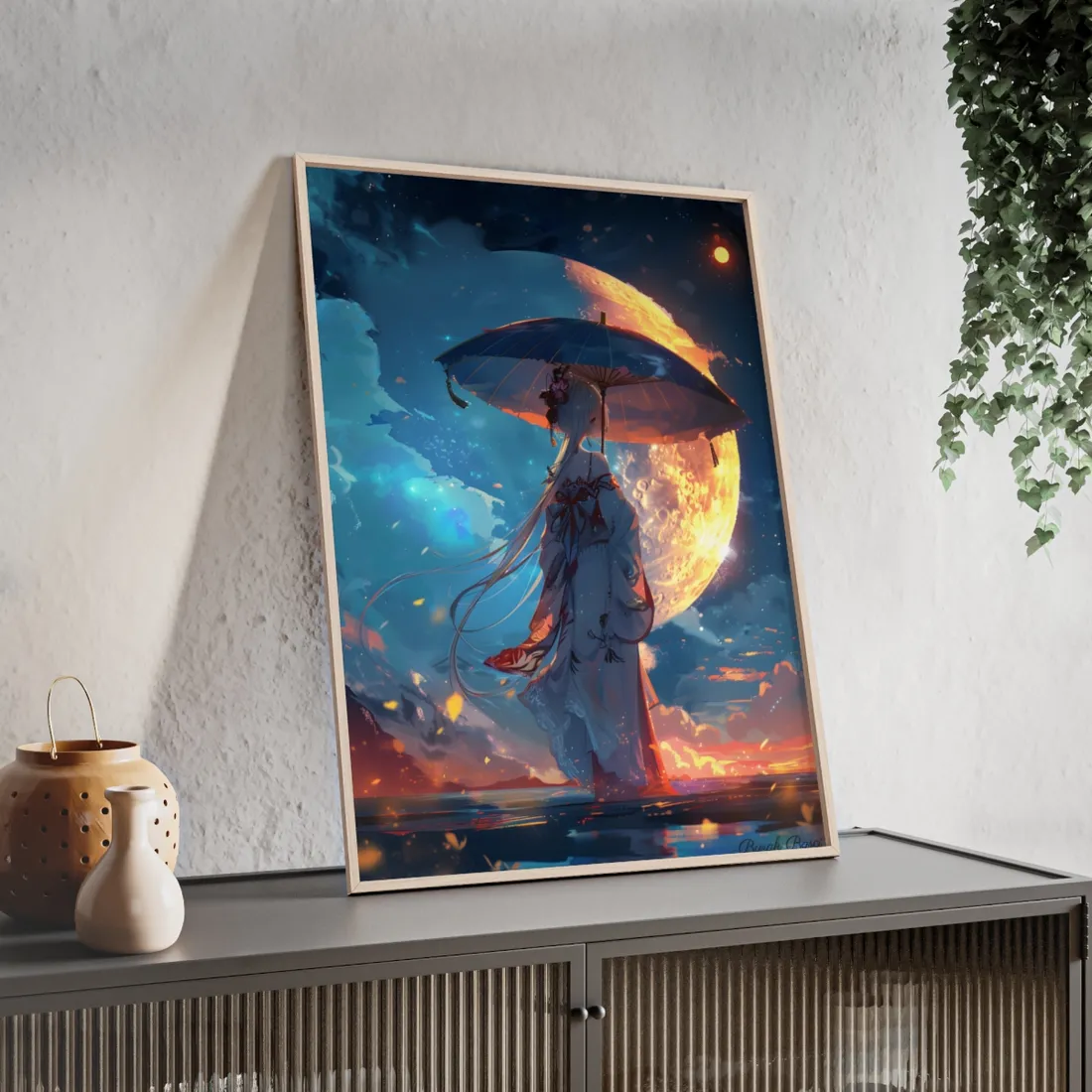Winter Anime Girl: Holding Umbrella in Snowy Scene - Framed Poster