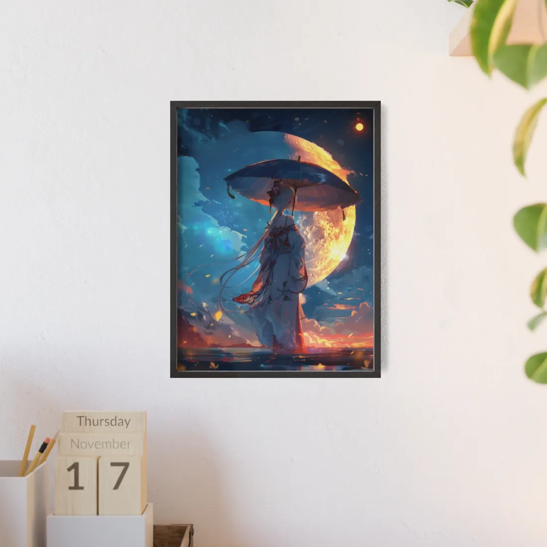 Winter Anime Girl: Holding Umbrella in Snowy Scene - Framed Poster