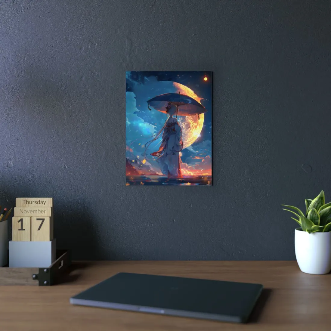 Winter Anime Girl: Holding Umbrella in Snowy Scene - Metal Poster