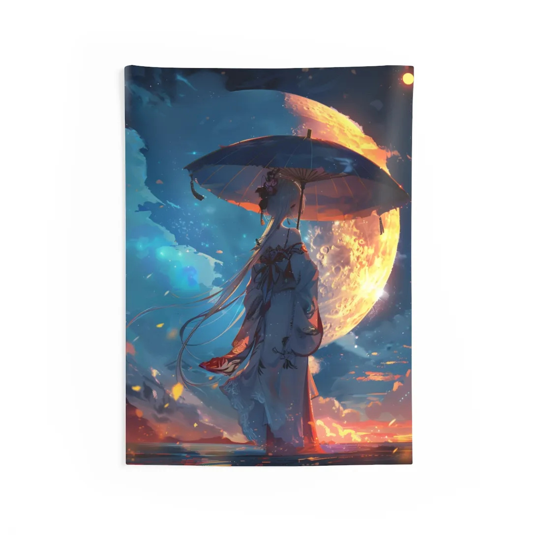 Winter Anime Girl: Holding Umbrella in Snowy Scene - Wall Tapestry