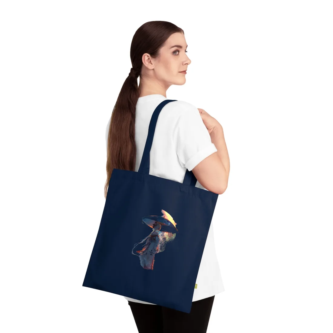 Winter Anime Girl: Holding Umbrella in Snowy Scene - Tote Bag (French Navy)