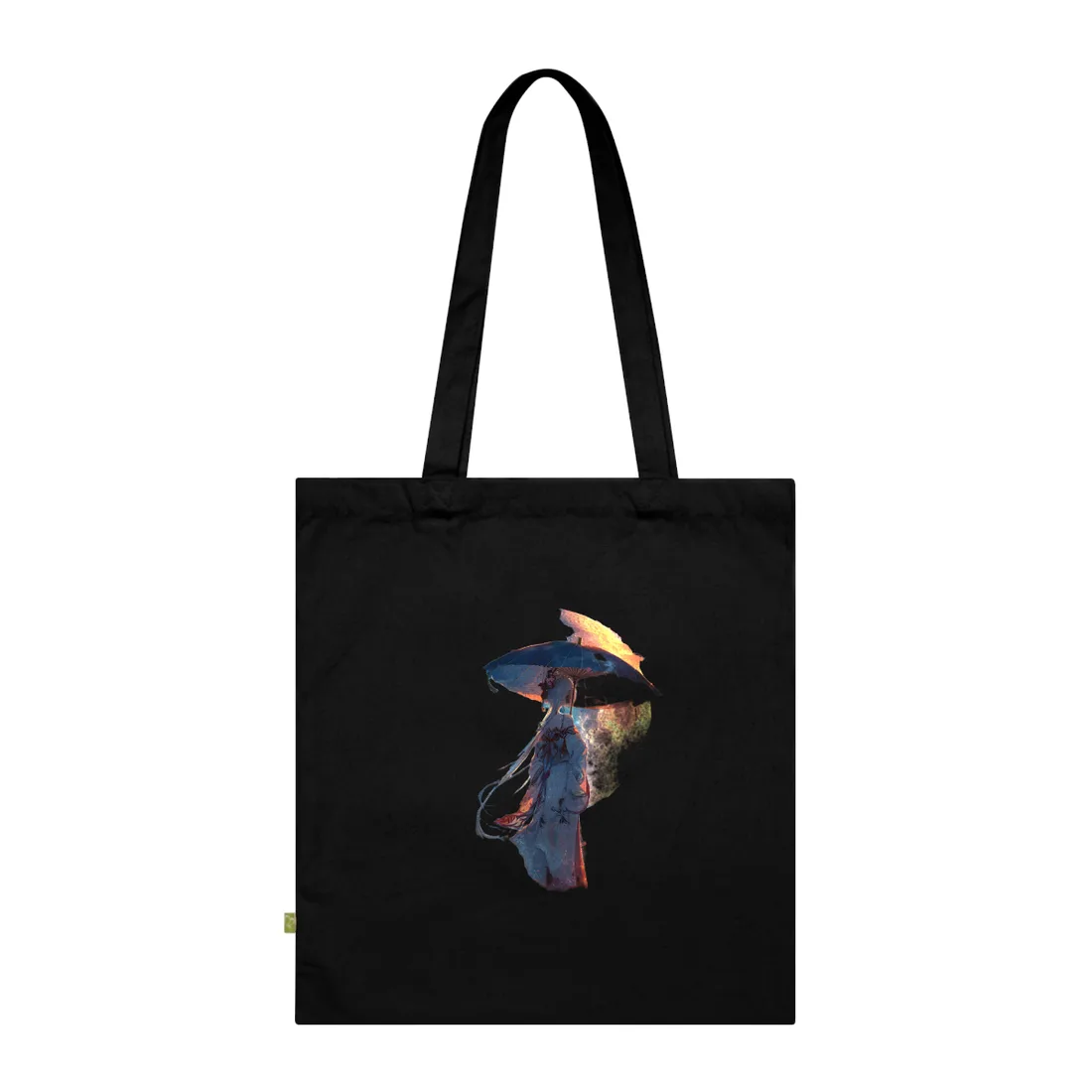 Winter Anime Girl: Holding Umbrella in Snowy Scene - Tote Bag (Black)