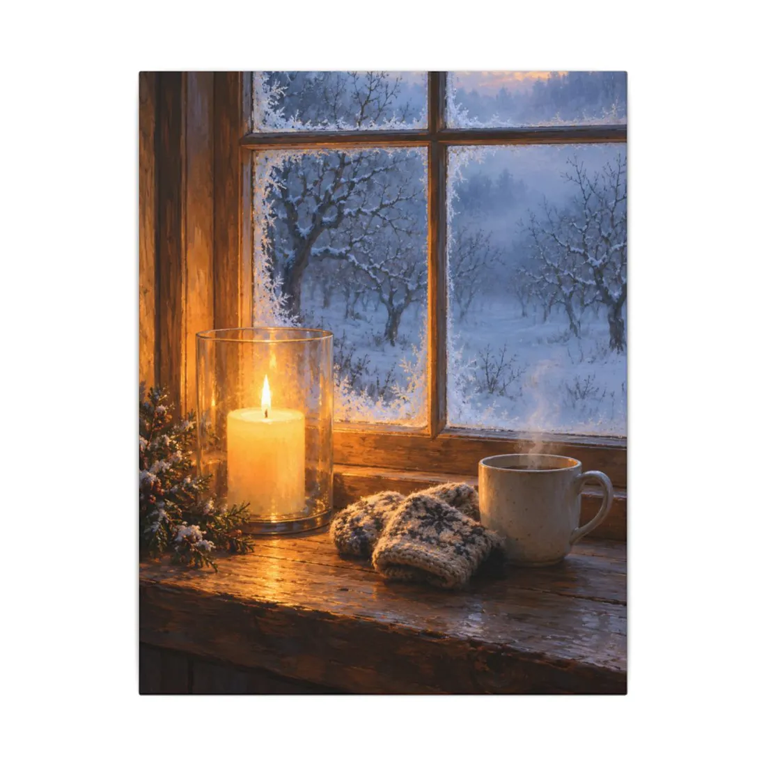 Frosted window over snowy orchard, with candle, knitted mittens and steaming mug – Canvas Print, view 1