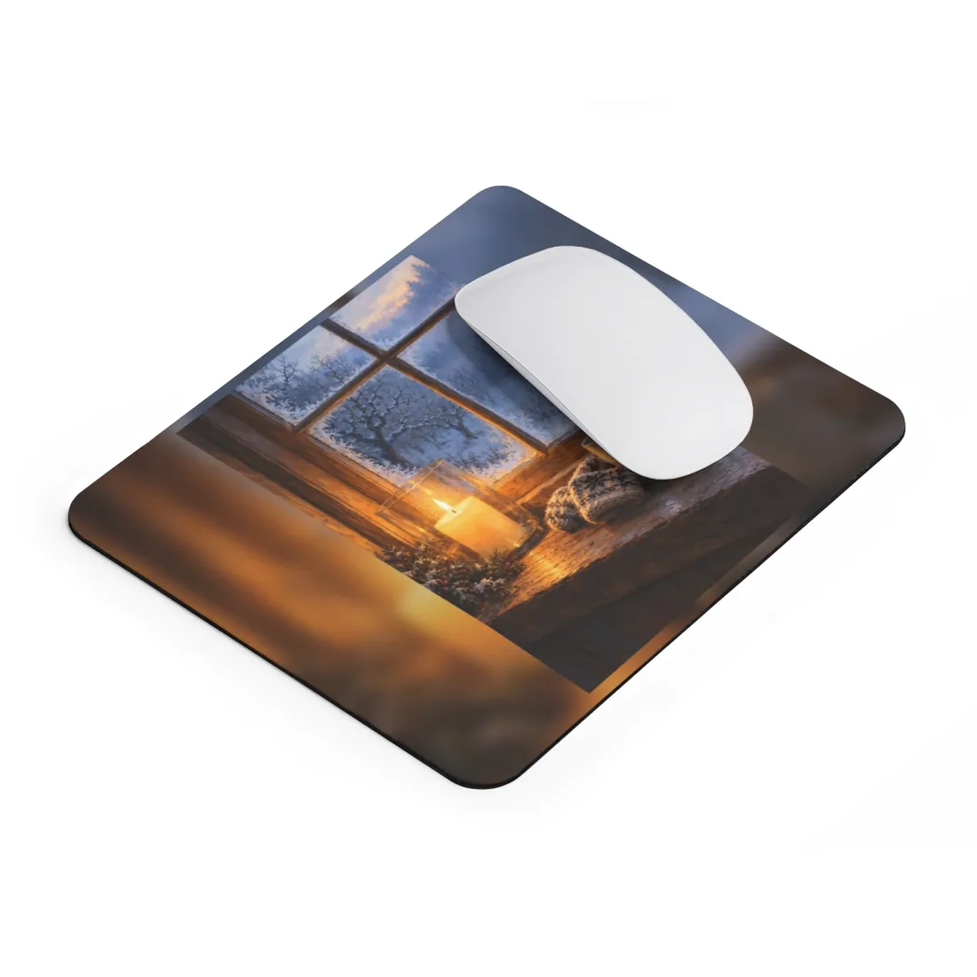 Frosted window over snowy orchard, with candle, knitted mittens and steaming mug – Mouse Pad, view 2