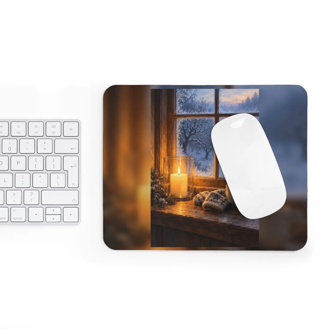 Frosted window over snowy orchard, with candle, knitted mittens and steaming mug – Mouse Pad, view 3