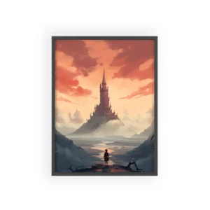 Distant Tower Under a Pink Sky: Fantasy Castle Landscape Framed Poster